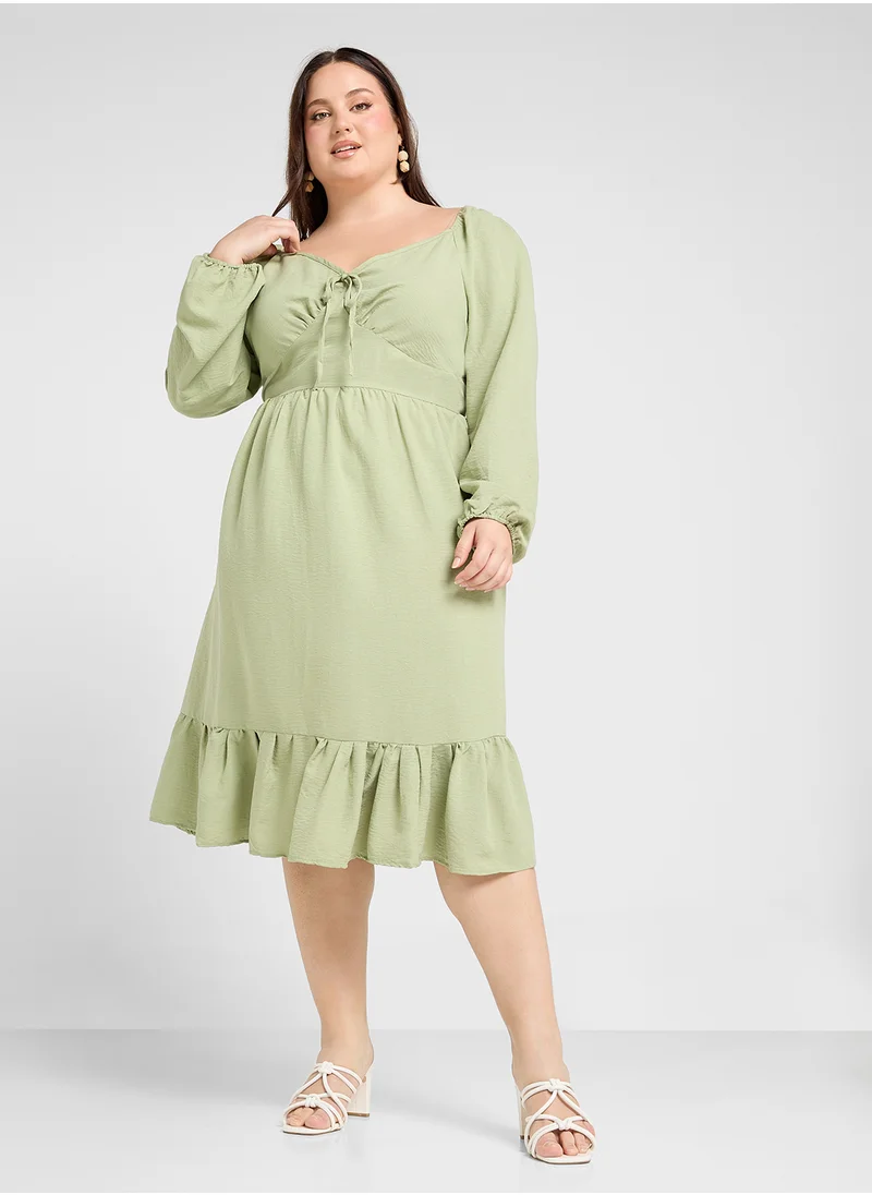 Ginger Plus Puff Sleeves Midi Sundress With Frill Hem