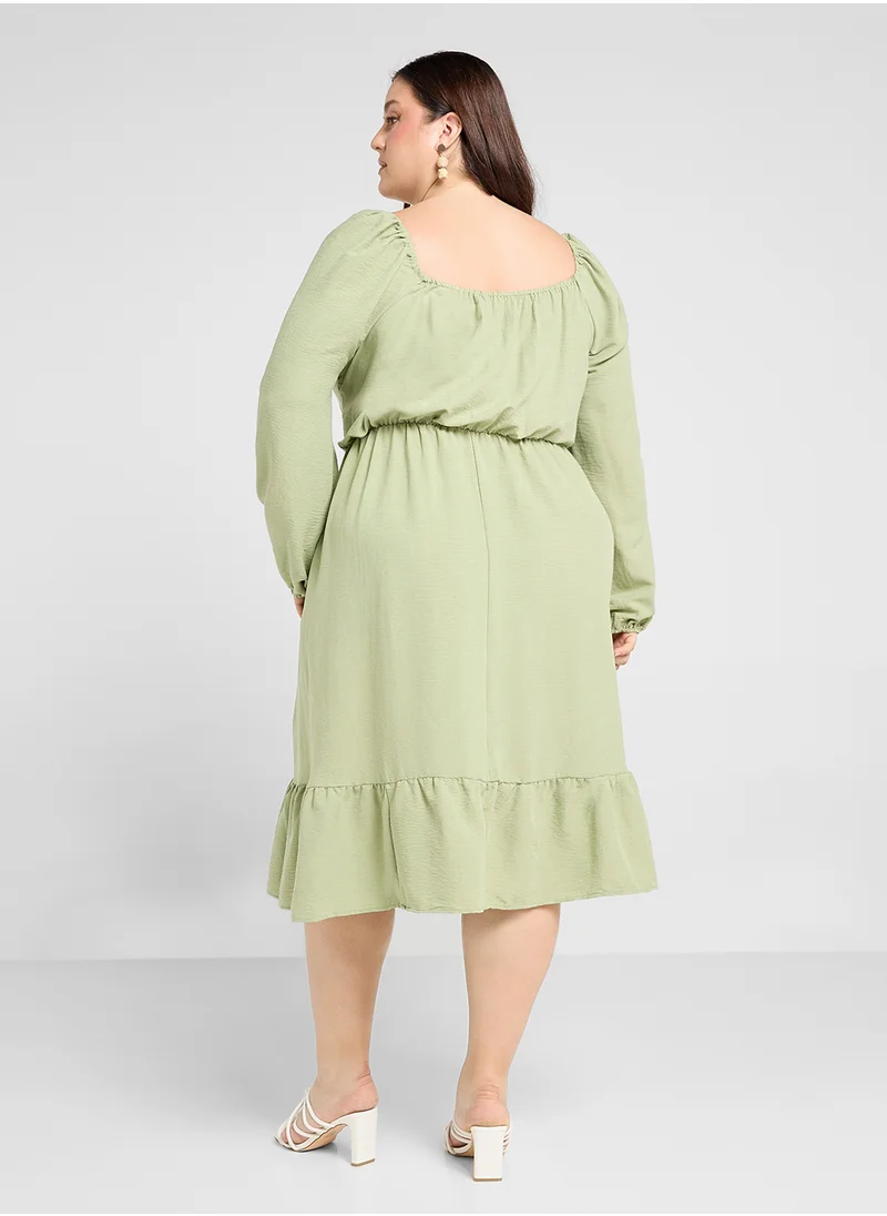 جينجر بلس Puff Sleeves Midi Sundress With Frill Hem