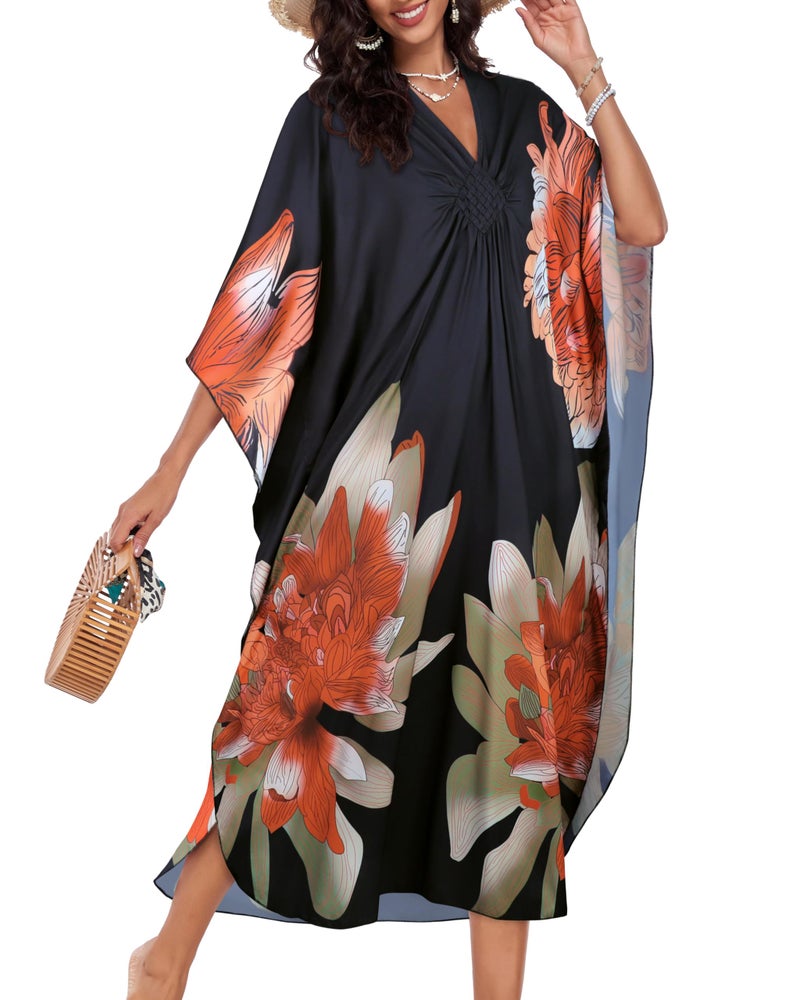 JILUVIN Kaftan Dresses for Women Plus Size V Neck Caftans Long Batwing Sleeve Beach Cover Ups Summer Floral Print Dress (Orange Green Floral,One Size) - Image 2