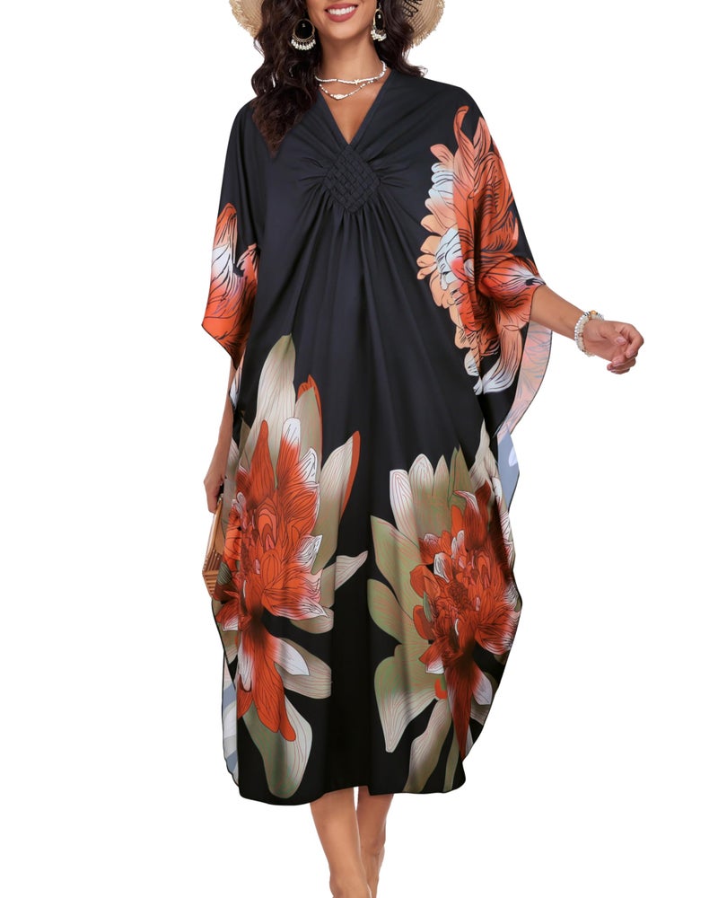JILUVIN Kaftan Dresses for Women Plus Size V Neck Caftans Long Batwing Sleeve Beach Cover Ups Summer Floral Print Dress (Orange Green Floral,One Size) - Image 4