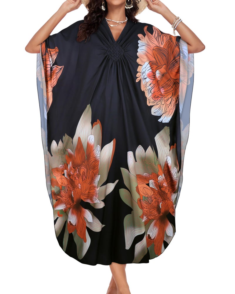 JILUVIN Kaftan Dresses for Women Plus Size V Neck Caftans Long Batwing Sleeve Beach Cover Ups Summer Floral Print Dress (Orange Green Floral,One Size) - Image 5