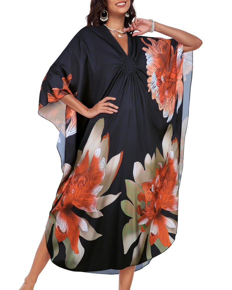 JILUVIN Kaftan Dresses for Women Plus Size V Neck Caftans Long Batwing Sleeve Beach Cover Ups Summer Floral Print Dress (Orange Green Floral,One Size) - Image 3
