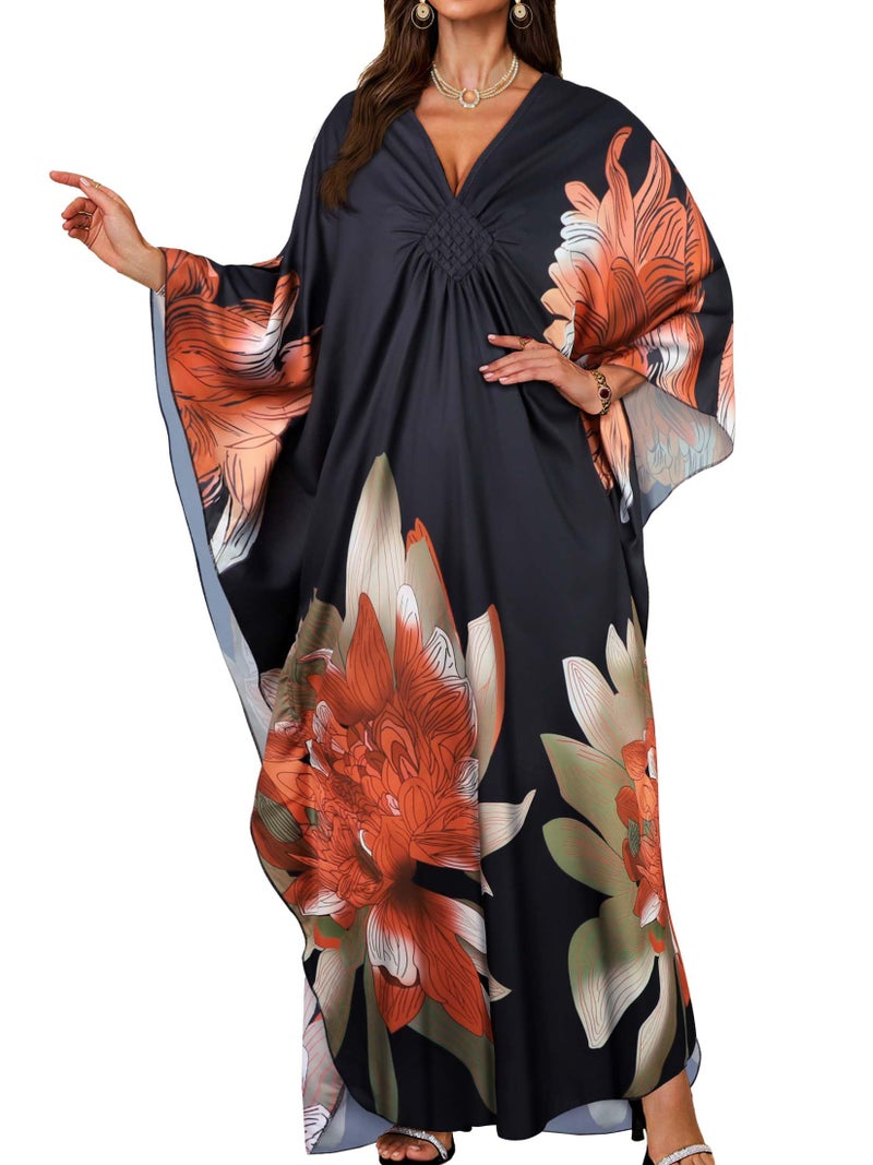 JILUVIN Kaftan Dresses for Women Plus Size V Neck Caftans Long Batwing Sleeve Beach Cover Ups Summer Floral Print Dress (Orange Green Floral,One Size) - Image 1