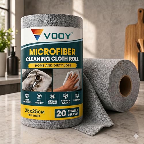 VOOY Reusable Microfiber Cleaning Cloth Roll – 20 Perforated Sheets (25x25cm) | Washable, Super Absorbent & Lint-Free | Eco-Friendly Dish Towels for Kitchen, Car, & Home Surfaces (Grey) - Image 1