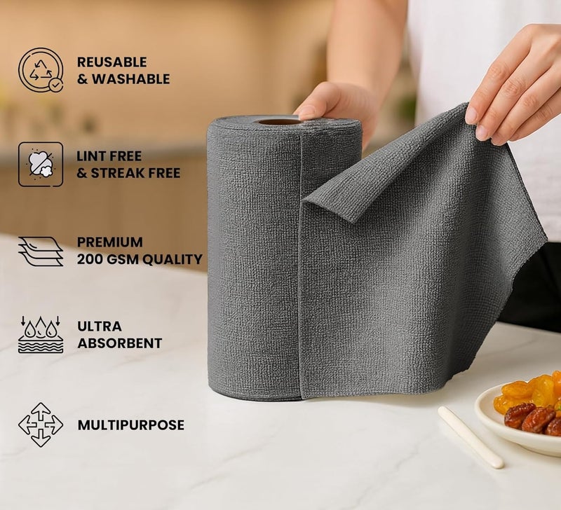 VOOY Reusable Microfiber Cleaning Cloth Roll – 20 Perforated Sheets (25x25cm) | Washable, Super Absorbent & Lint-Free | Eco-Friendly Dish Towels for Kitchen, Car, & Home Surfaces (Grey) - Image 3