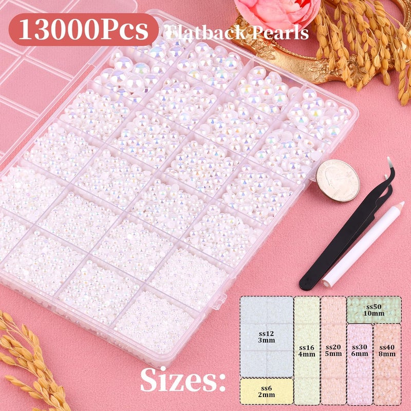 TINKRSTUFF 13000 قطعة من اللؤلؤ ذو الظهر المسطح للحرف اليدوية (أبيض AB)، أحجام متنوعة 2/3/4/5/6/8/10 مم نصف لؤلؤة مع 3 قطع 10 مل غراء مجوهرات B7000، خرز التزيين للحرف اليدوية DIY والملابس والأكواب والأحذية وفن الأظافر - Image 2