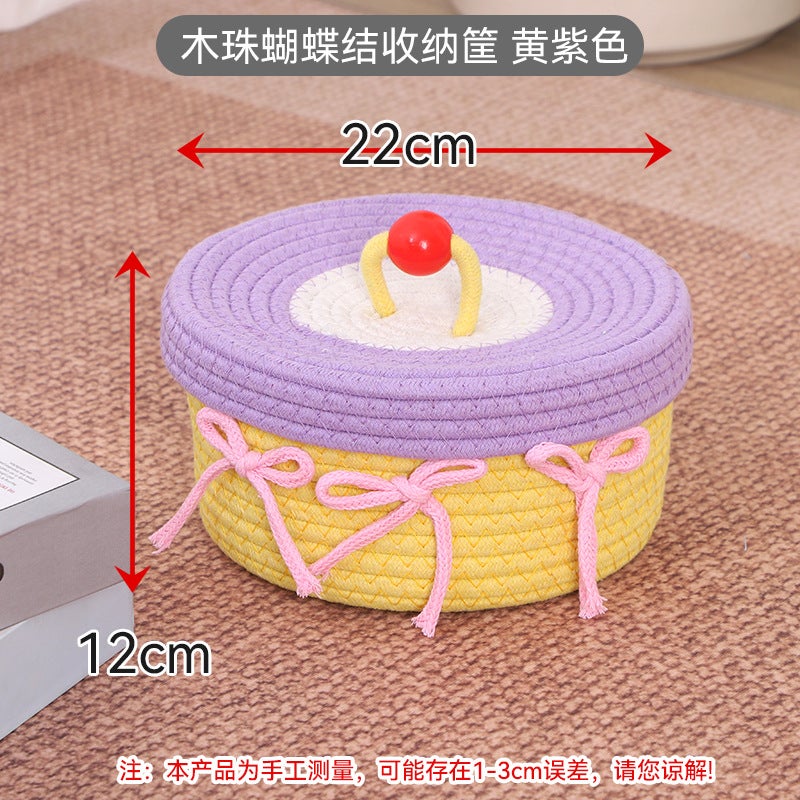 Cute Cotton Rope Woven Storage Basket with Lid - Image 3