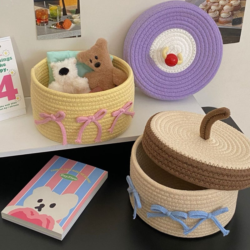 Cute Cotton Rope Woven Storage Basket with Lid - Image 1