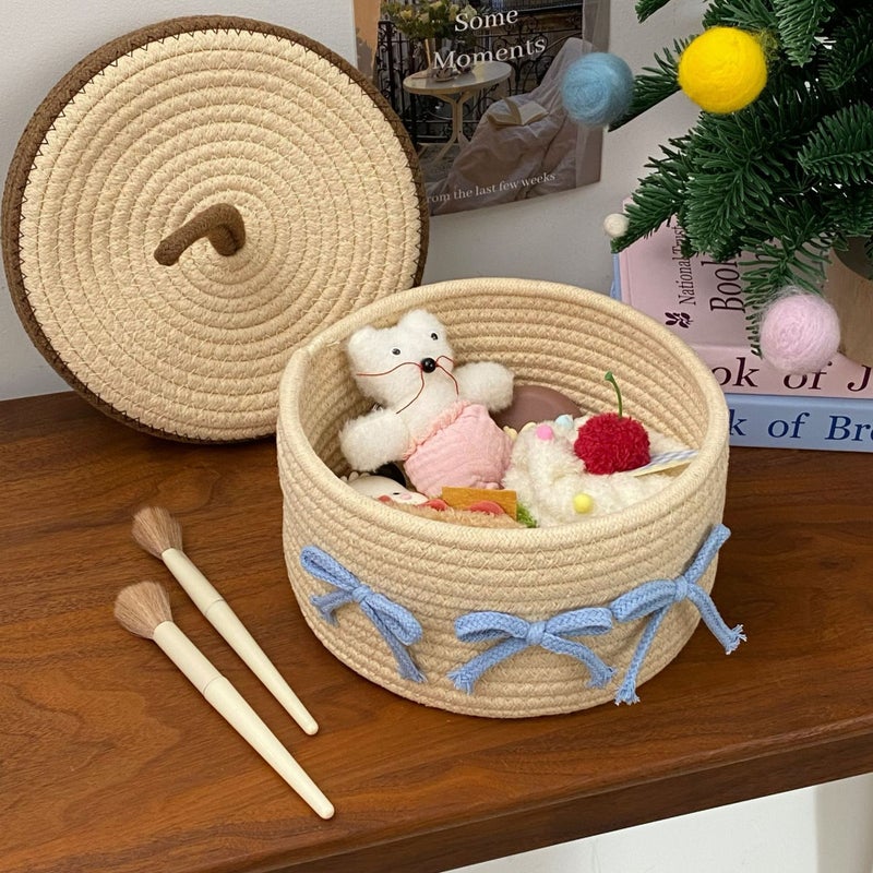 Cute Cotton Rope Woven Storage Basket with Lid - Image 2