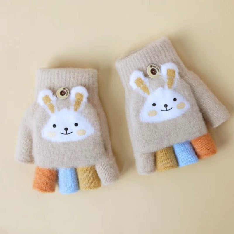 Kids Warm Gloves Fingerless Flip-Top Autumn Winter Beige  - Image 1