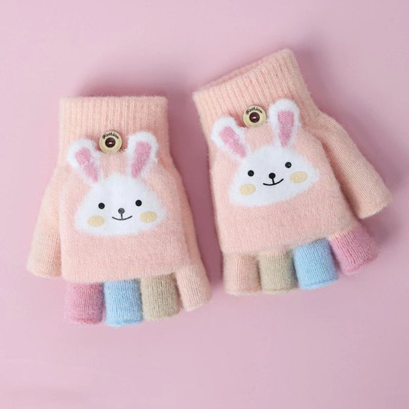 Kids Warm Gloves Fingerless Flip-Top Autumn Winter Beige  - Image 3
