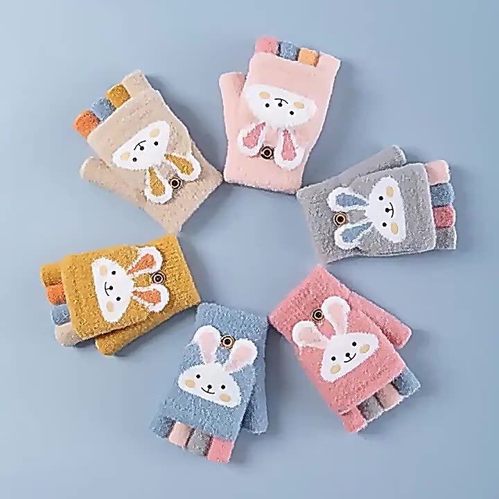 Kids Warm Gloves Fingerless Flip-Top Autumn Winter Beige  - Image 5