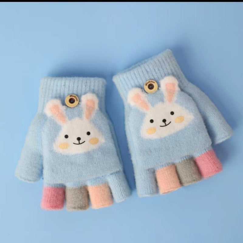 Kids Warm Gloves Fingerless Flip-Top Autumn Winter Beige  - Image 2