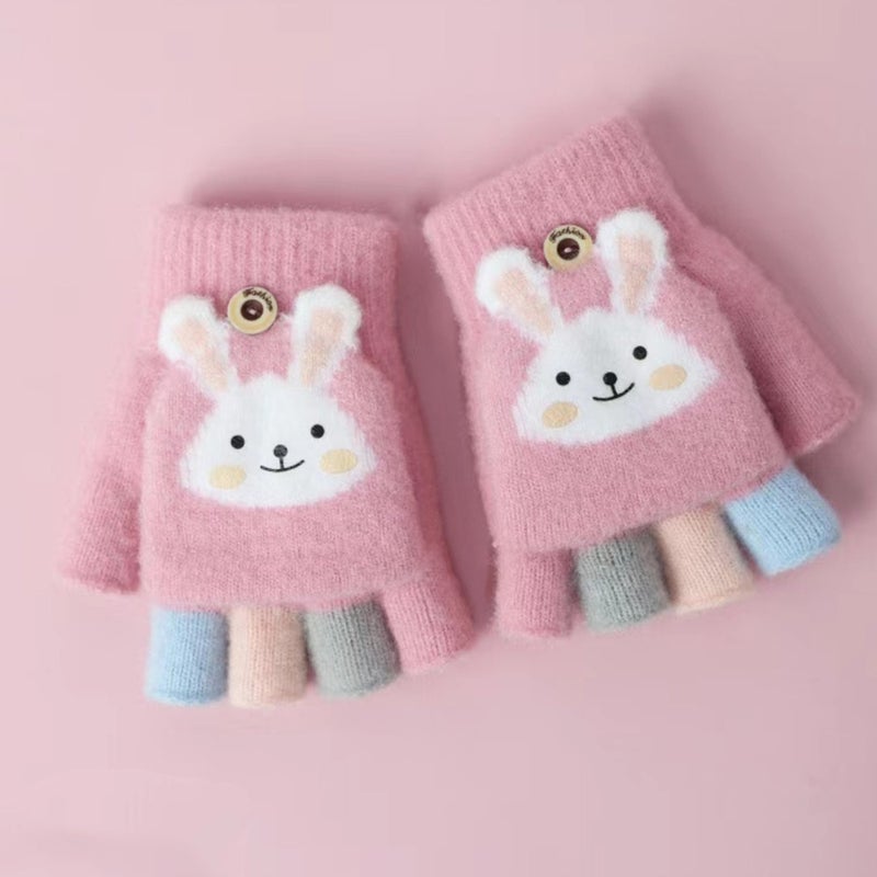 Kids Warm Gloves Fingerless Flip-Top Autumn Winter Beige  - Image 4