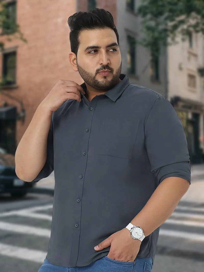 Urbano Fashion  Urbano Plus Men's Dark Grey Cotton Full Sleeve Regular Fit Casual Solid Shirt  | Best Price UAE