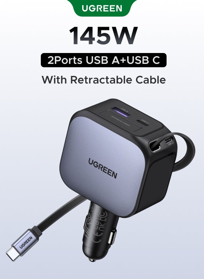 Total 145W Car Charger Built-in 60W Retractable Cable 3C1A Car Adapter LED Indicator Safe Protection Multi-devices Supported Compatible With Macbook Dell Lenovo iPhone 17 Pro Max Galaxy S25 24 Ultra