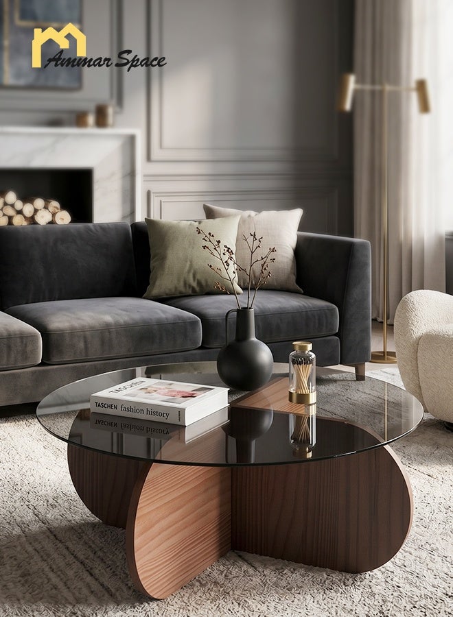 Ammar Space Modern Coffee Table Wood & Glass Top, Irregular Round Center Table for Living Room, Luxury Low Tea Table, Small Space Sofa Table, 70x70x41 cm - Image 4