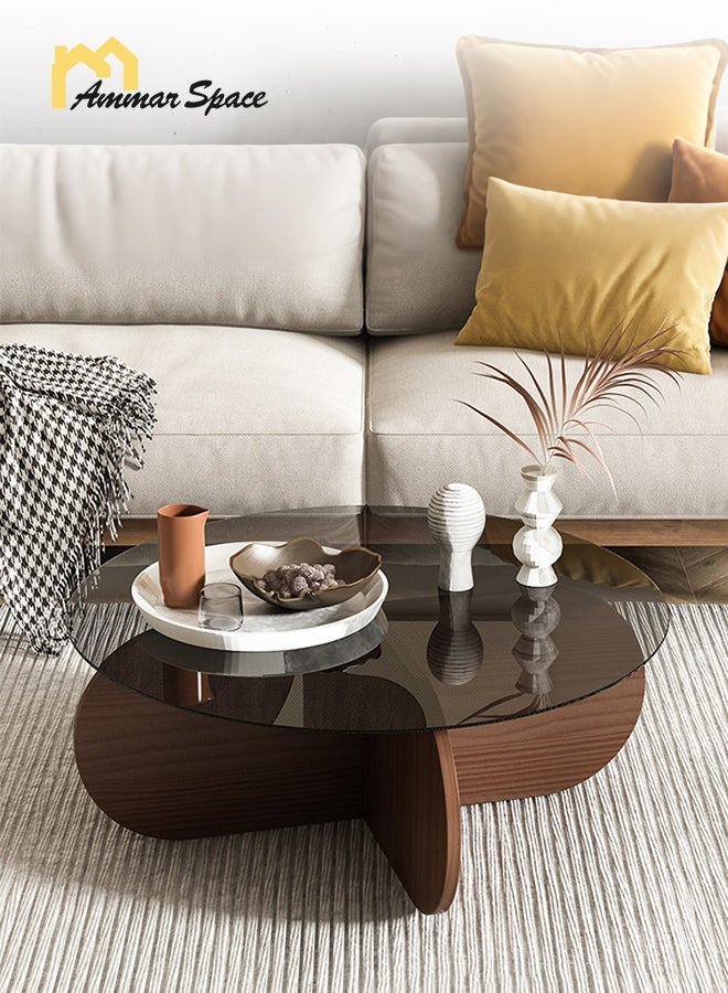 Ammar Space Modern Coffee Table Wood & Glass Top, Irregular Round Center Table for Living Room, Luxury Low Tea Table, Small Space Sofa Table, 70x70x41 cm - Image 2