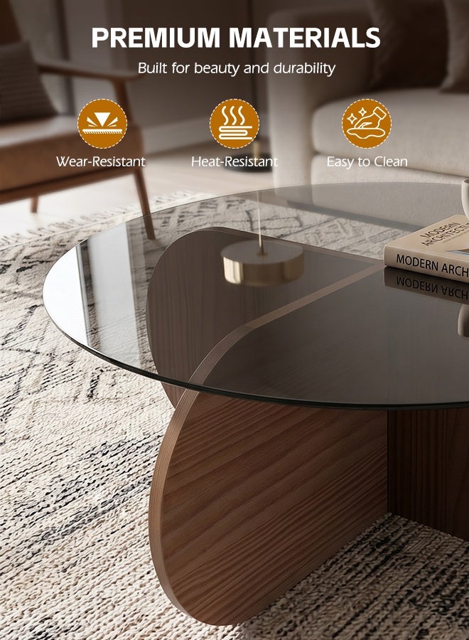 Ammar Space Modern Coffee Table Wood & Glass Top, Irregular Round Center Table for Living Room, Luxury Low Tea Table, Small Space Sofa Table, 70x70x41 cm - Image 5