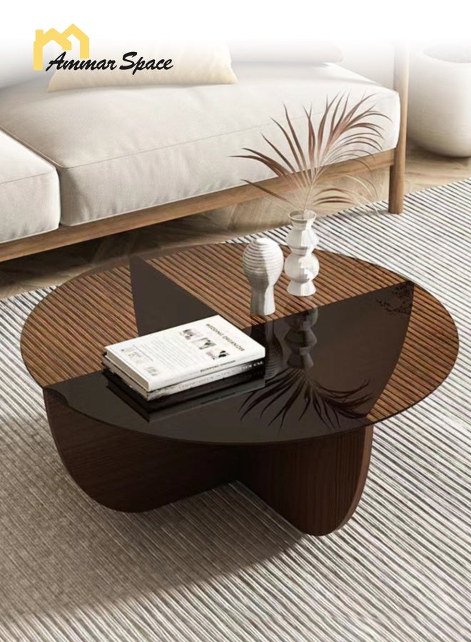 Ammar Space Modern Coffee Table Wood & Glass Top, Irregular Round Center Table for Living Room, Luxury Low Tea Table, Small Space Sofa Table, 70x70x41 cm - Image 1