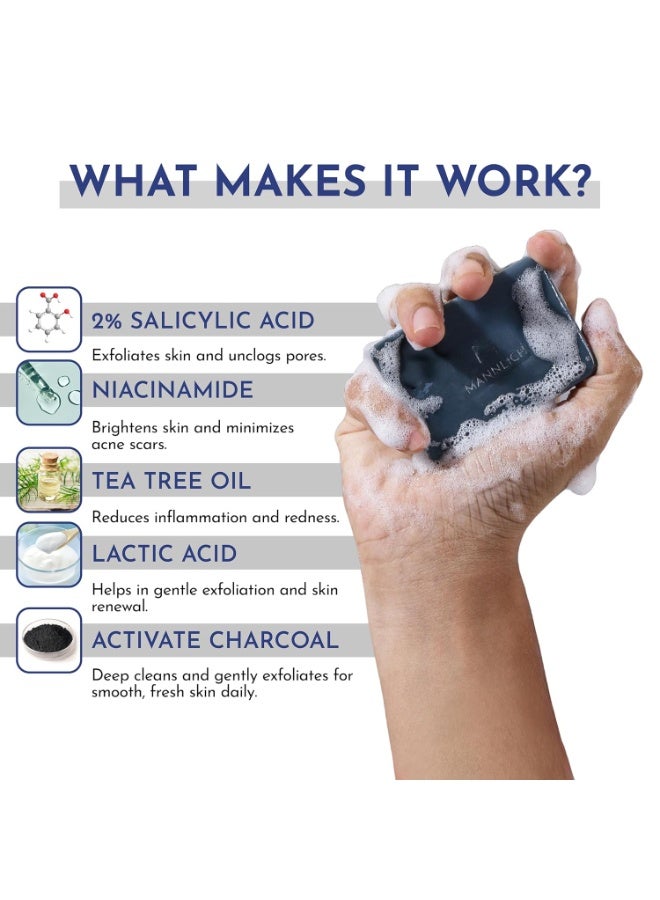 مانليش صابون مانليش المضاد لحب الشباب | يتحكم في الإفرازات الدهنية الزائدة | صابون يدوي الصنع للجسم والوجه للبشرة الدهنية والمعرضة لحب الشباب | 2% حمض الساليسيليك، 2% نياسيناميد، 2% زيت شجرة الشاي | يفتح لون البشرة، ويخفف البقع الداكنة | يمنع ظهور حب الشباب في الجسم | متوازن الحموضة، خالٍ من كبريتات لوريل الصوديوم، تم اختباره من قبل أطباء الجلدية | 150 غرام (عبوة من قطعتين × 75 غرام) - Image 4