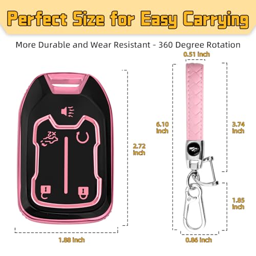 FT FUNTOR 5 Buttons Key Fob Cover with Leather Keychain for GMC, Premium TPU Case for Acadia, Tahoe, Terrain, Sierra, Silverado, 2500HD, 3500HD (Pink) - Image 2