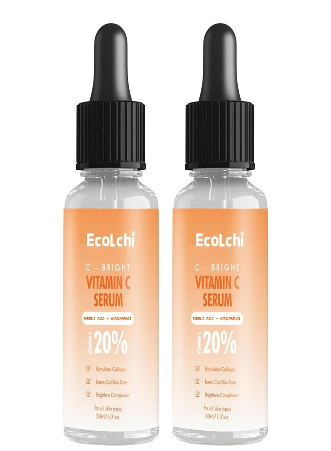 EcoLchi Glow Q Vitamin C Face Serum- 20% Vitamin C Serum for Face with Niacinamide & Hyaluronic Acid to Help Even Out Skin Tone & Brighten Complexion 30ml - Pack Of 2