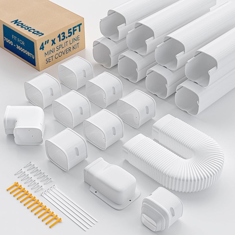 Nouscan 4" 13.5Ft Mini Split Line Set Cover with Flexible Duct, Upgrade PP Decorative Minisplit Lineset Cover Kit, Paintable for Mini Split, Air Conditioner, Central AC, HVAC and Heat Pumps, White - Image 1