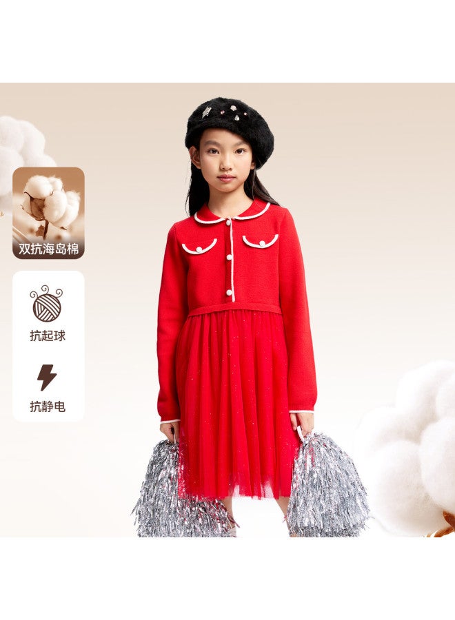 Annil Girl's Dress Winter Red Little Chanel Style Fake Two-piece Tulle Skirt - Image 2