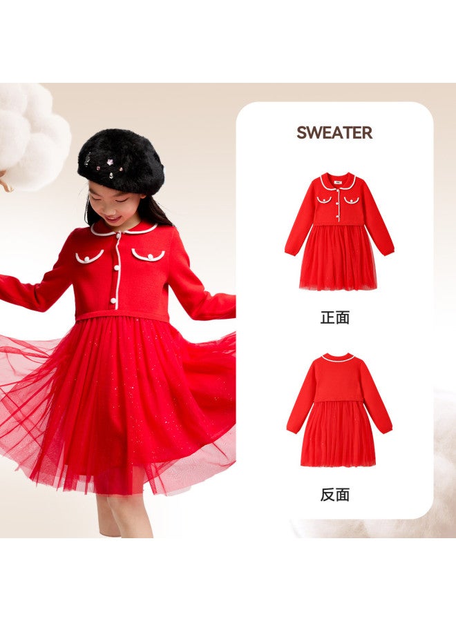 Annil Girl's Dress Winter Red Little Chanel Style Fake Two-piece Tulle Skirt - Image 3