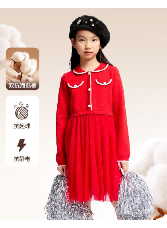 Annil Girl's Dress Winter Red Little Chanel Style Fake Two-piece Tulle Skirt - Image 1
