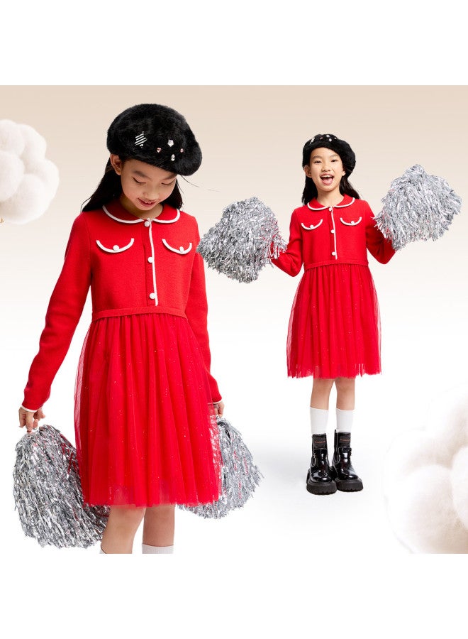 Annil Girl's Dress Winter Red Little Chanel Style Fake Two-piece Tulle Skirt - Image 4