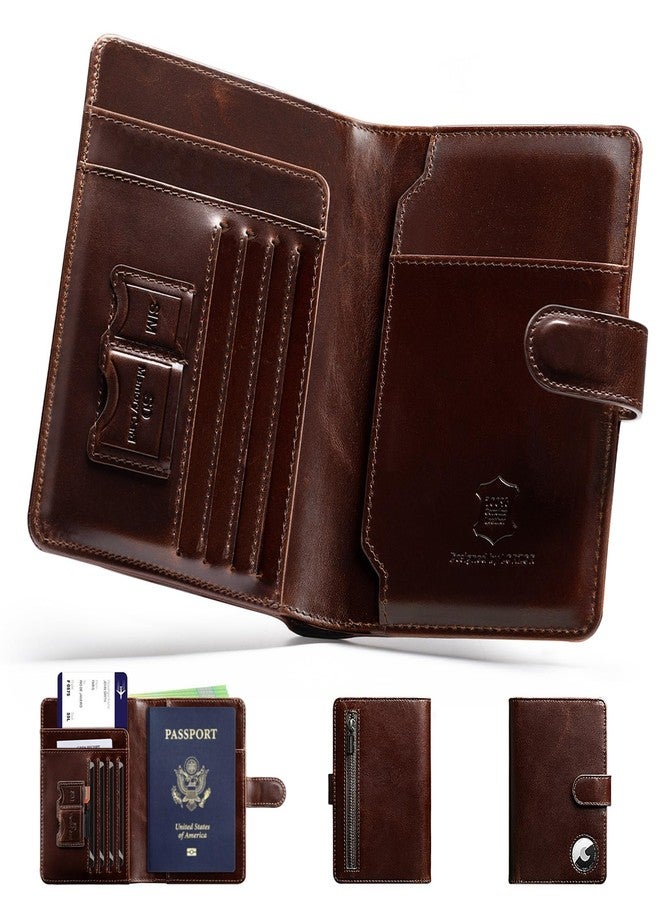 LORZOR Passport Holder for Travel: Full Grain Leather Passport Cover with Airtag Holder Magnetic Buckle for Men - RFID Blocking Bifold Wallet for Air Ticket Card Cash Coin (Brown) - Image 1