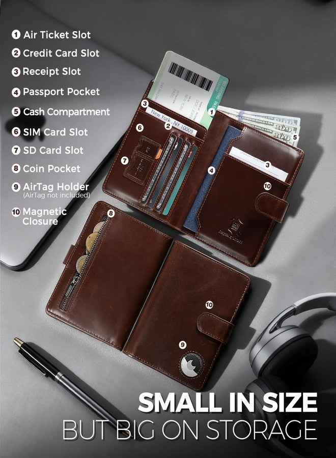 LORZOR Passport Holder for Travel: Full Grain Leather Passport Cover with Airtag Holder Magnetic Buckle for Men - RFID Blocking Bifold Wallet for Air Ticket Card Cash Coin (Brown) - Image 5