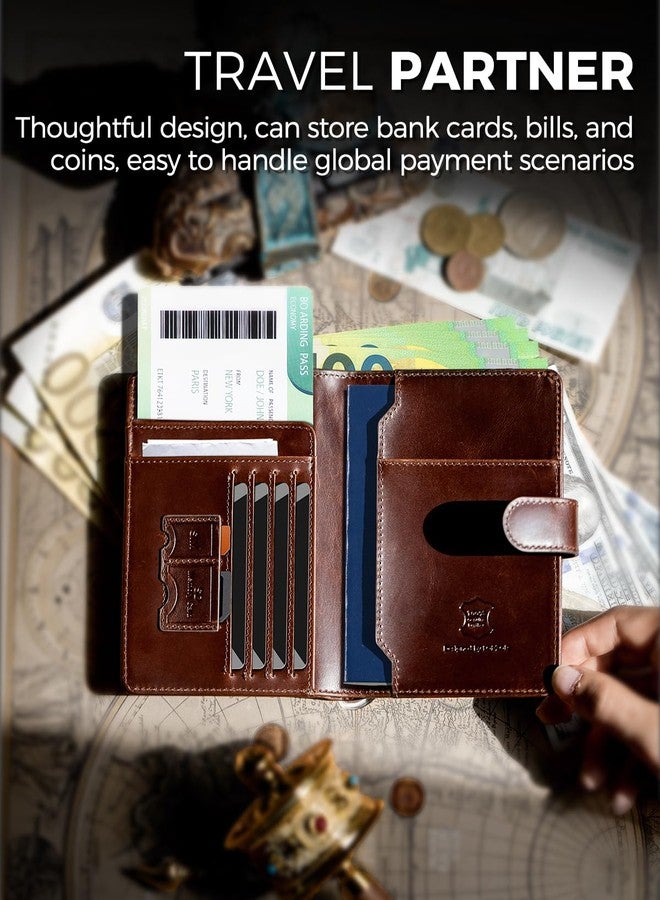 LORZOR Passport Holder for Travel: Full Grain Leather Passport Cover with Airtag Holder Magnetic Buckle for Men - RFID Blocking Bifold Wallet for Air Ticket Card Cash Coin (Brown) - Image 3