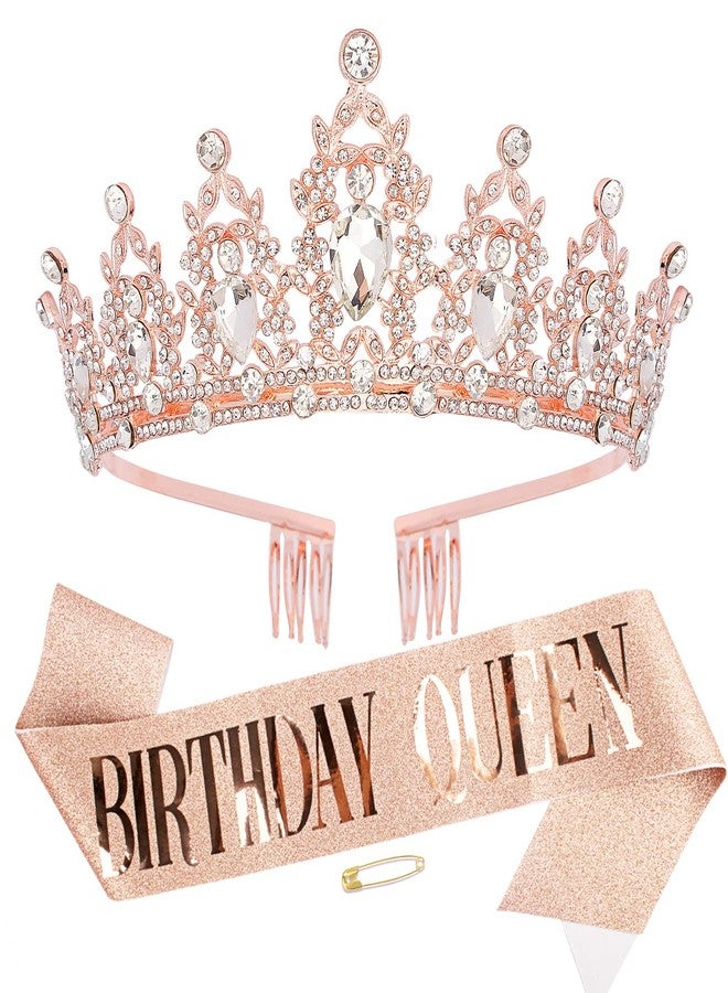 Didder Rhinestones Crown & Glitter Sash Kit - Rose Gold Birthday Tiara & Sash Set for Women & Girls - Hair Accessories for Prom & Party Gift - Image 1