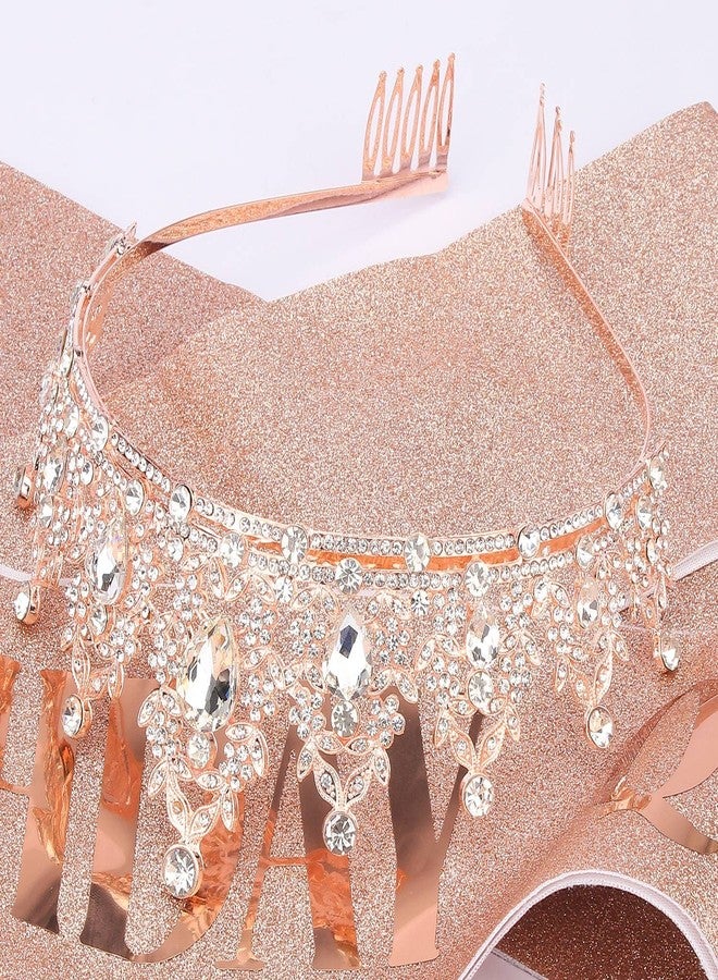 Didder Rhinestones Crown & Glitter Sash Kit - Rose Gold Birthday Tiara & Sash Set for Women & Girls - Hair Accessories for Prom & Party Gift - Image 5