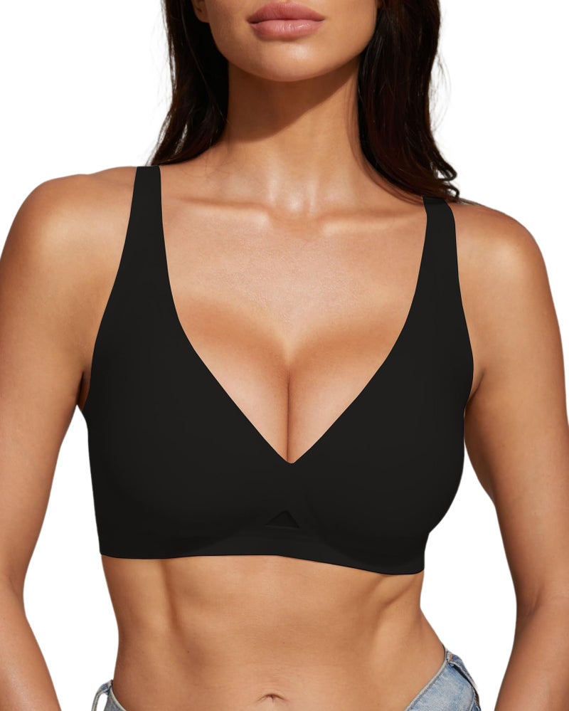obind Women Deep V Bras Push Up Wireless Bralettes No Underwire Woman Comfortable Bra Supportive Bralette Womens Plunge Brassiere Seamless Tshirt Bra Jelly Lift Black - Image 1