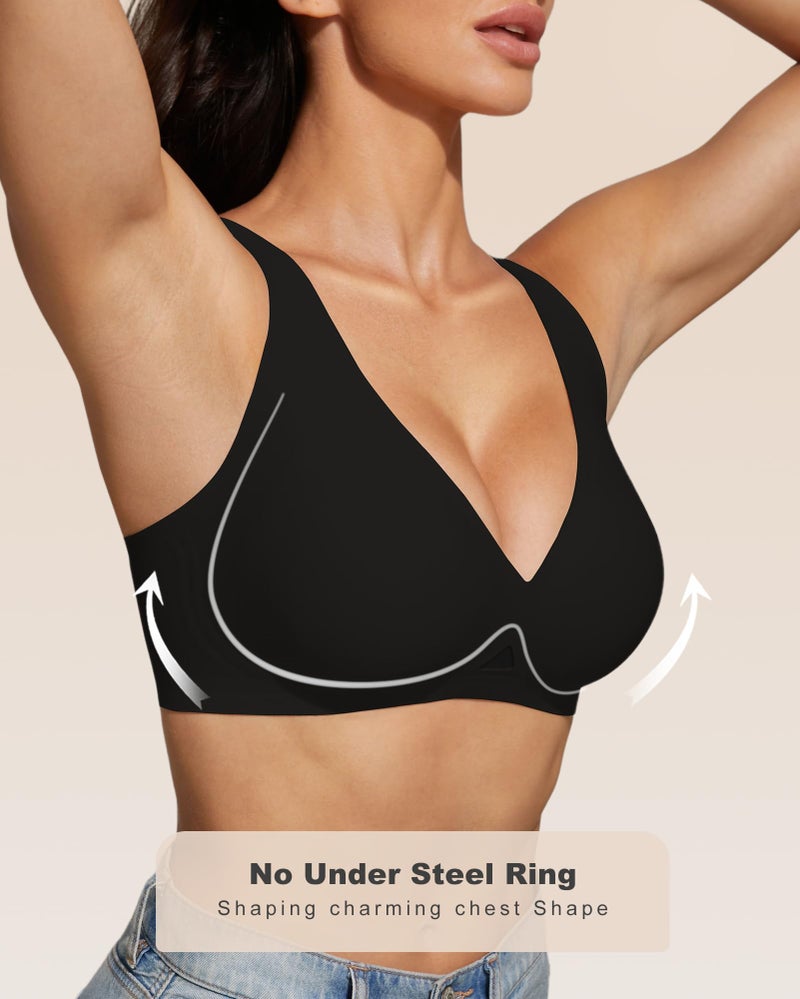 obind Women Deep V Bras Push Up Wireless Bralettes No Underwire Woman Comfortable Bra Supportive Bralette Womens Plunge Brassiere Seamless Tshirt Bra Jelly Lift Black - Image 2