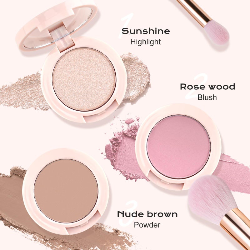 Color Nymph 3 Colors Contour Blush Highlighter Makeup Palette, Travel Size Make up Kit, Blush & Highlighter & Contour Powder Palette, Includes Brush and Mirror, Stacked Makeup Design ï¼ˆPinkï¼‰ - Image 3