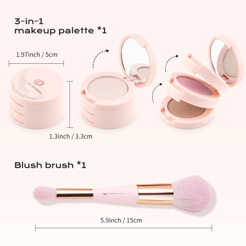 Color Nymph 3 Colors Contour Blush Highlighter Makeup Palette, Travel Size Make up Kit, Blush & Highlighter & Contour Powder Palette, Includes Brush and Mirror, Stacked Makeup Design ï¼ˆPinkï¼‰ - Image 2