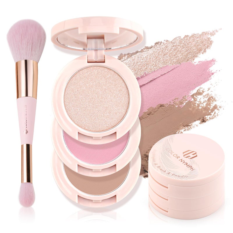Color Nymph 3 Colors Contour Blush Highlighter Makeup Palette, Travel Size Make up Kit, Blush & Highlighter & Contour Powder Palette, Includes Brush and Mirror, Stacked Makeup Design ï¼ˆPinkï¼‰ - Image 1