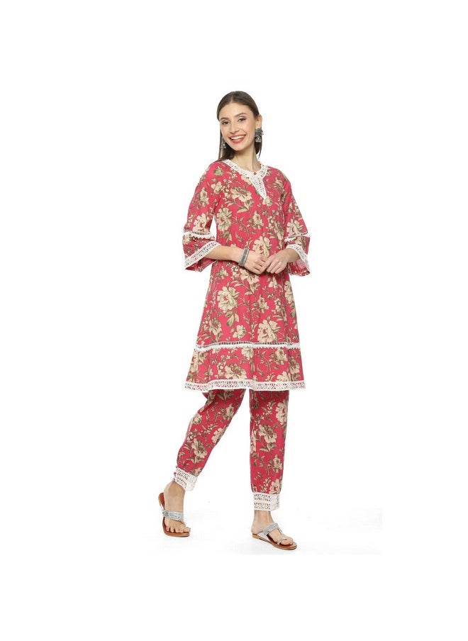 Biba - BIBA Womens Cotton Printed Relaxed Mix And Match Kurta Set (Roses An1976_Pink_36) - Image 1