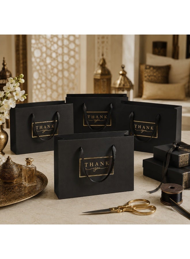 5 Sets Gold Foil Thank You Printed Black Kraft Paper Gift Tote Bags with Satin Ribbon Handles for Ramadan Eid Wedding Birthday Party Gift Giving 32x26x11cm - Image 4