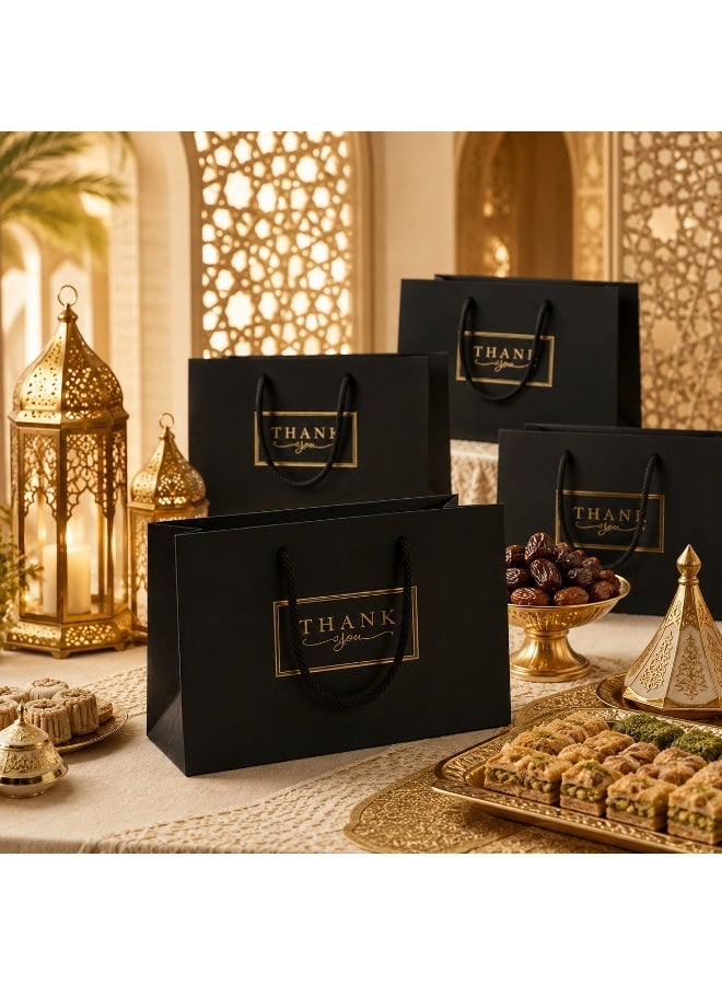 5 Sets Gold Foil Thank You Printed Black Kraft Paper Gift Tote Bags with Satin Ribbon Handles for Ramadan Eid Wedding Birthday Party Gift Giving 32x26x11cm - Image 2