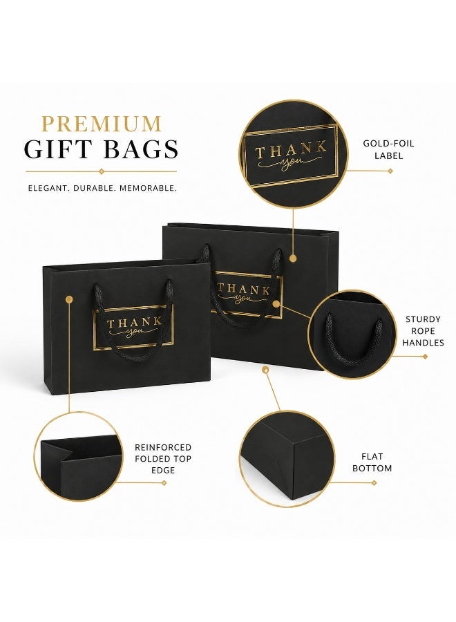 5 Sets Gold Foil Thank You Printed Black Kraft Paper Gift Tote Bags with Satin Ribbon Handles for Ramadan Eid Wedding Birthday Party Gift Giving 32x26x11cm - Image 5