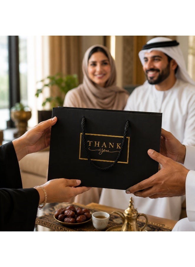 5 Sets Gold Foil Thank You Printed Black Kraft Paper Gift Tote Bags with Satin Ribbon Handles for Ramadan Eid Wedding Birthday Party Gift Giving 32x26x11cm - Image 3