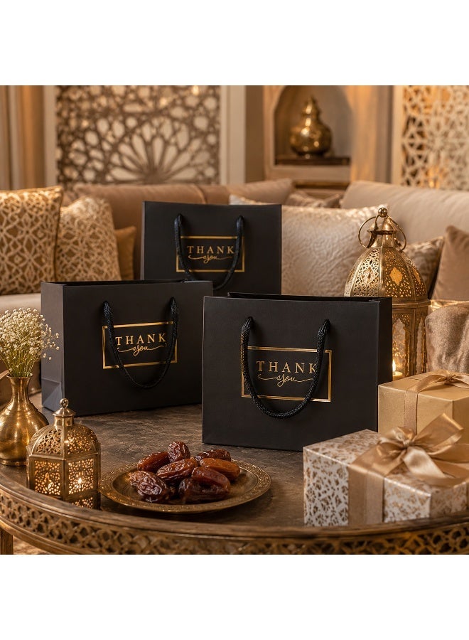 5 Sets Gold Foil Thank You Printed Black Kraft Paper Gift Tote Bags with Satin Ribbon Handles for Ramadan Eid Wedding Birthday Party Gift Giving 32x26x11cm - Image 1