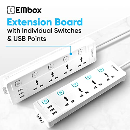 EMBOX Extension Board with USB (2.4 A)| Extension Board with Switches Spike Guard | 6 amp Universal Sockets, LED Indicator 2500W, 2 Meter Extension Cord - Image 2