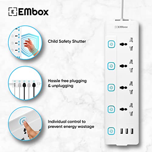 EMBOX Extension Board with USB (2.4 A)| Extension Board with Switches Spike Guard | 6 amp Universal Sockets, LED Indicator 2500W, 2 Meter Extension Cord - Image 4